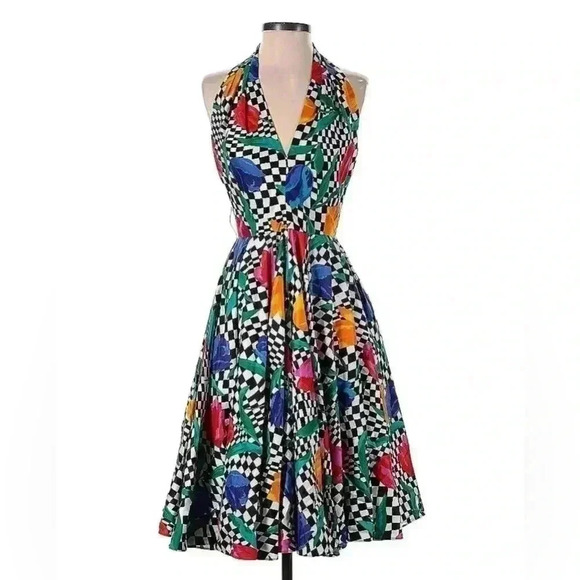 AJ Bari Floral Halter Dress Pleated Tulle V neck Flare Cocktail 80s Tulip 4 VTG - Picture 1 of 13